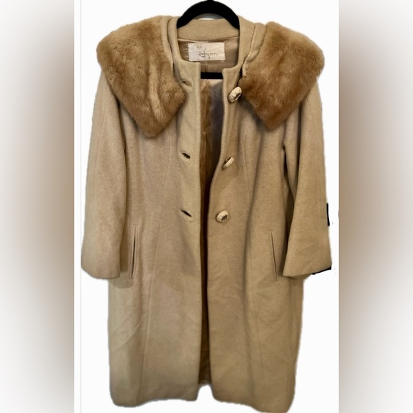 FURLAINE Vintage 50s 60s Women's Beige Coat with Mink Fur Collar, Size S - Picture 2 of 16